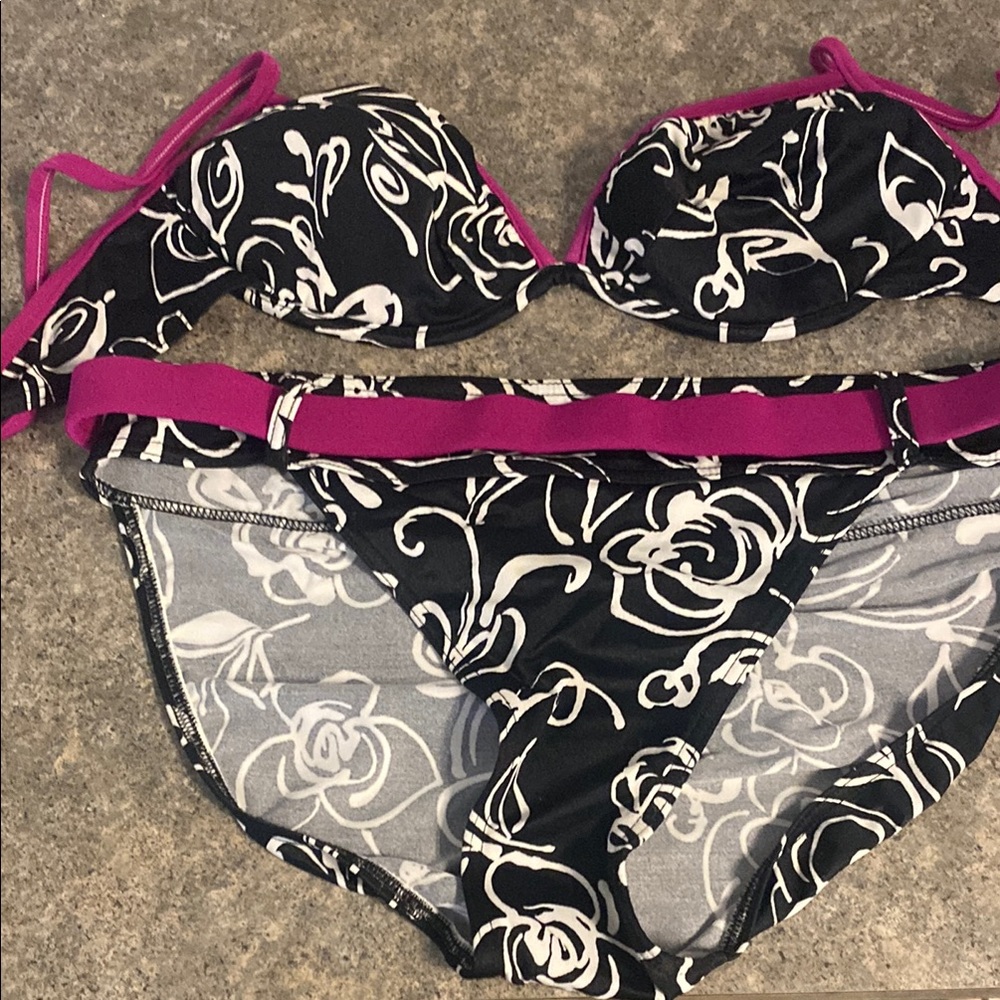 Floral Black and White Bikini with Pink Accents